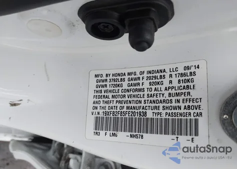 2015 Honda Civic Ex from USA, damaged, VIN 19XFB2F85FE201938